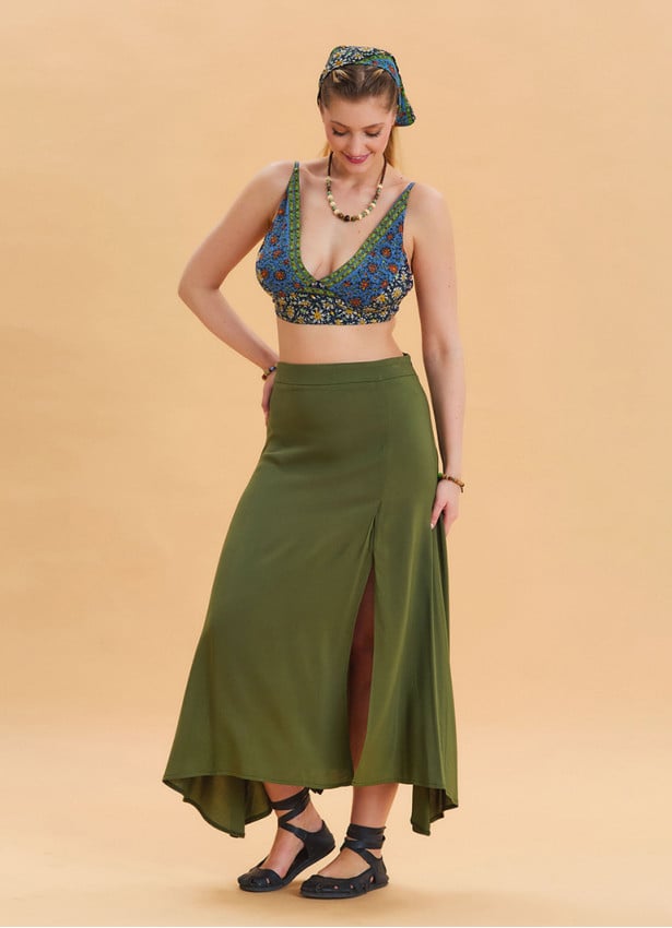 Khaki Asymmetrical Skirt with Zipper Detail and Slit 4639